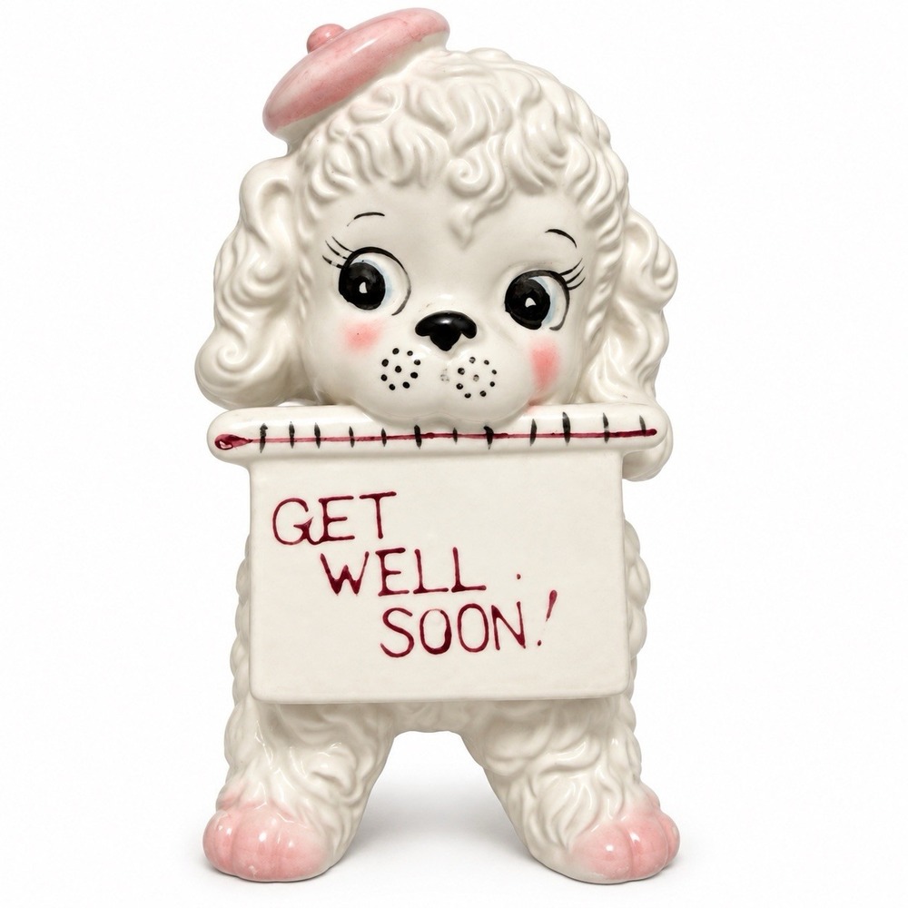 Vintage NAPCOWARE Puppy Dog Poodle Planter GET WELL SOON Pink White Mid Century